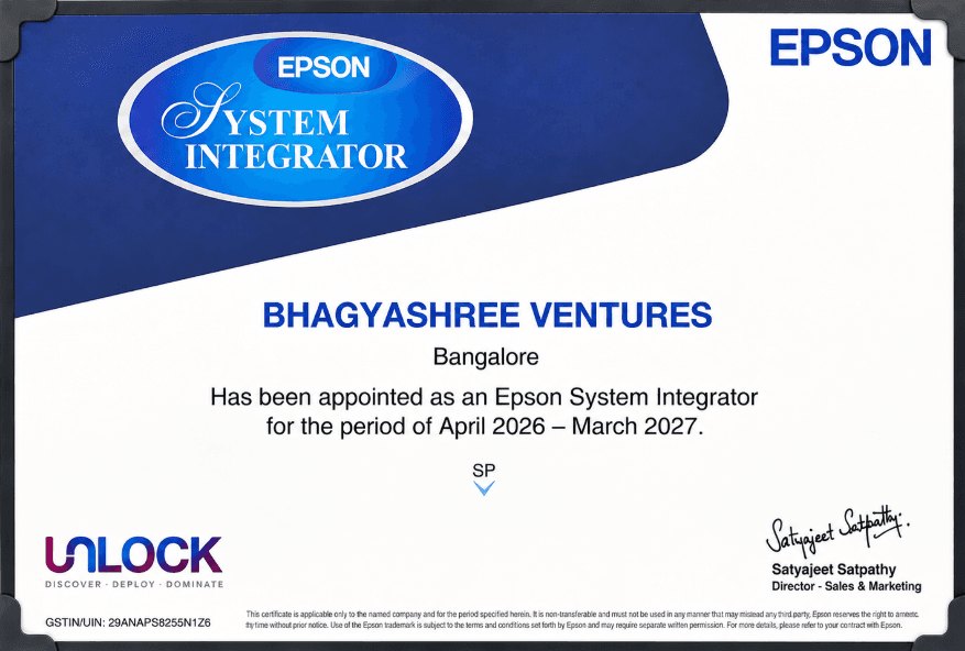 Bhagyashree Ventures Epson System Integrator certificate valid April 2026 to March 2027